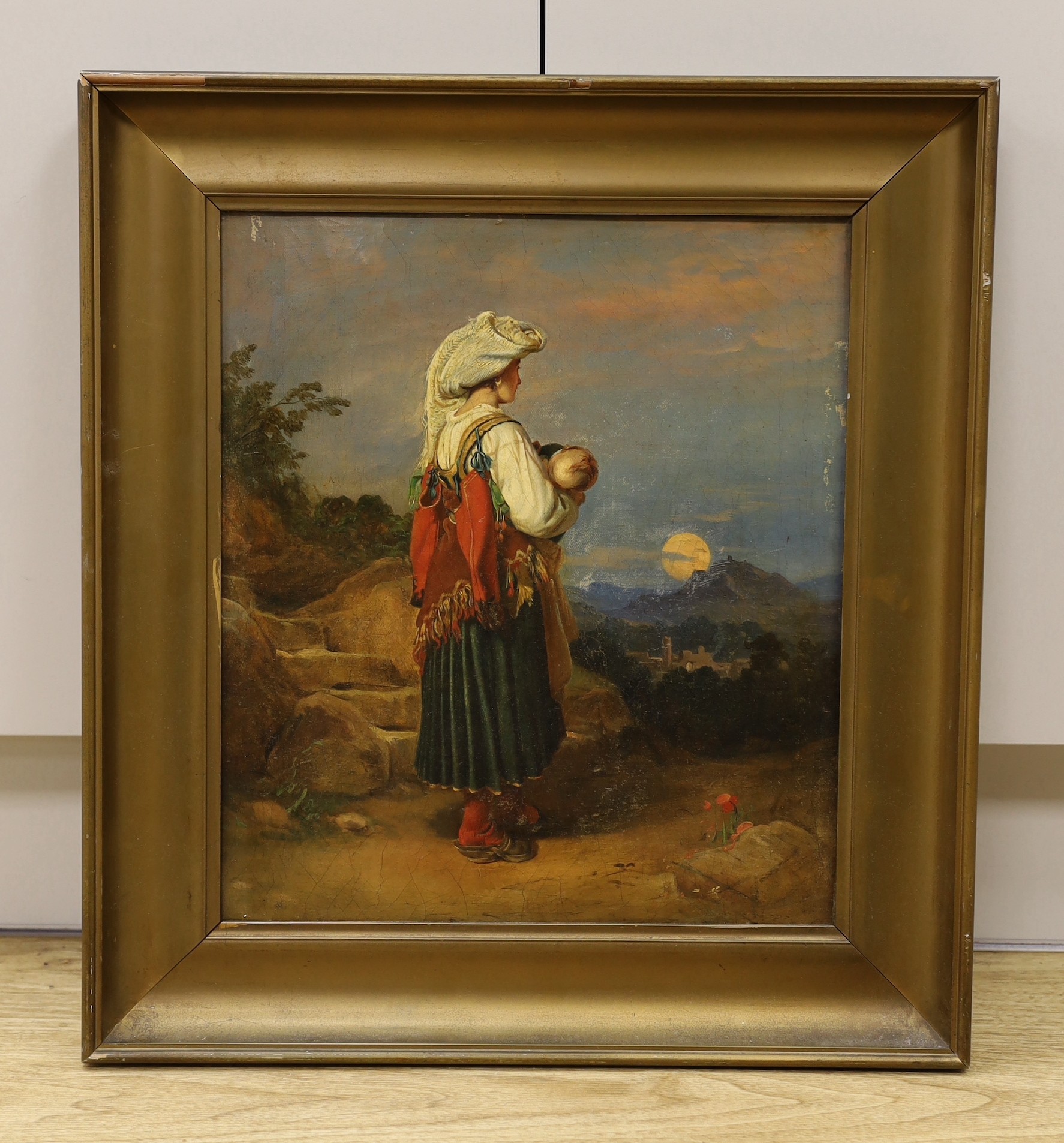 19th century Italian School, oil on canvas, Mother and child in a landscape, 40 x 35cm